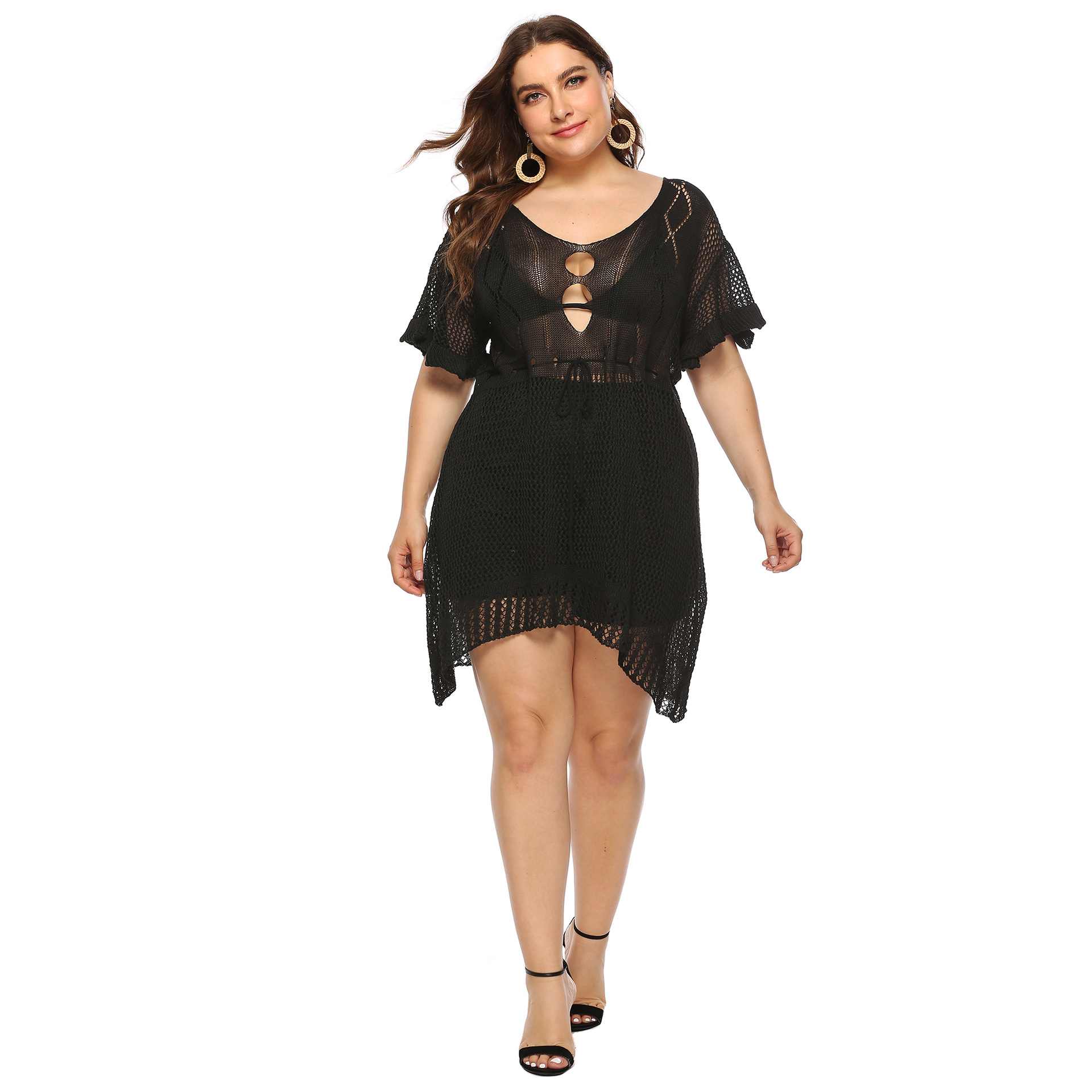 plus size hollow fungus edge short sleeve solid color perspective beach outdoor cover-ups NSOY131822