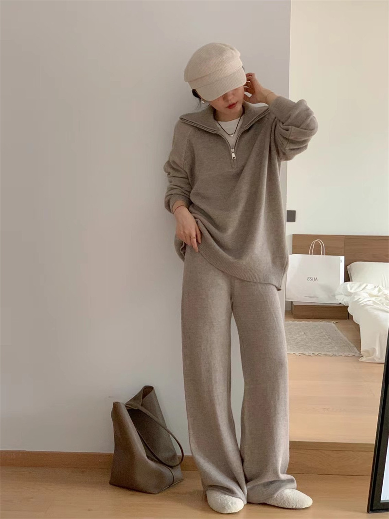Women’s Korean Style Knit Sweater & Wide Leg Pants Set – Lapel Half-Zip Lounge Suit (One Size, 6 Colors)_voghion.com
