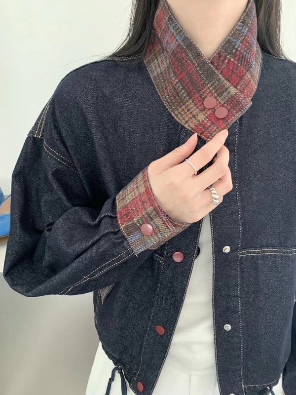 撞色格子牛仔外套女春秋新款小个子休闲宽松显瘦百搭短款夹克上衣|undefined