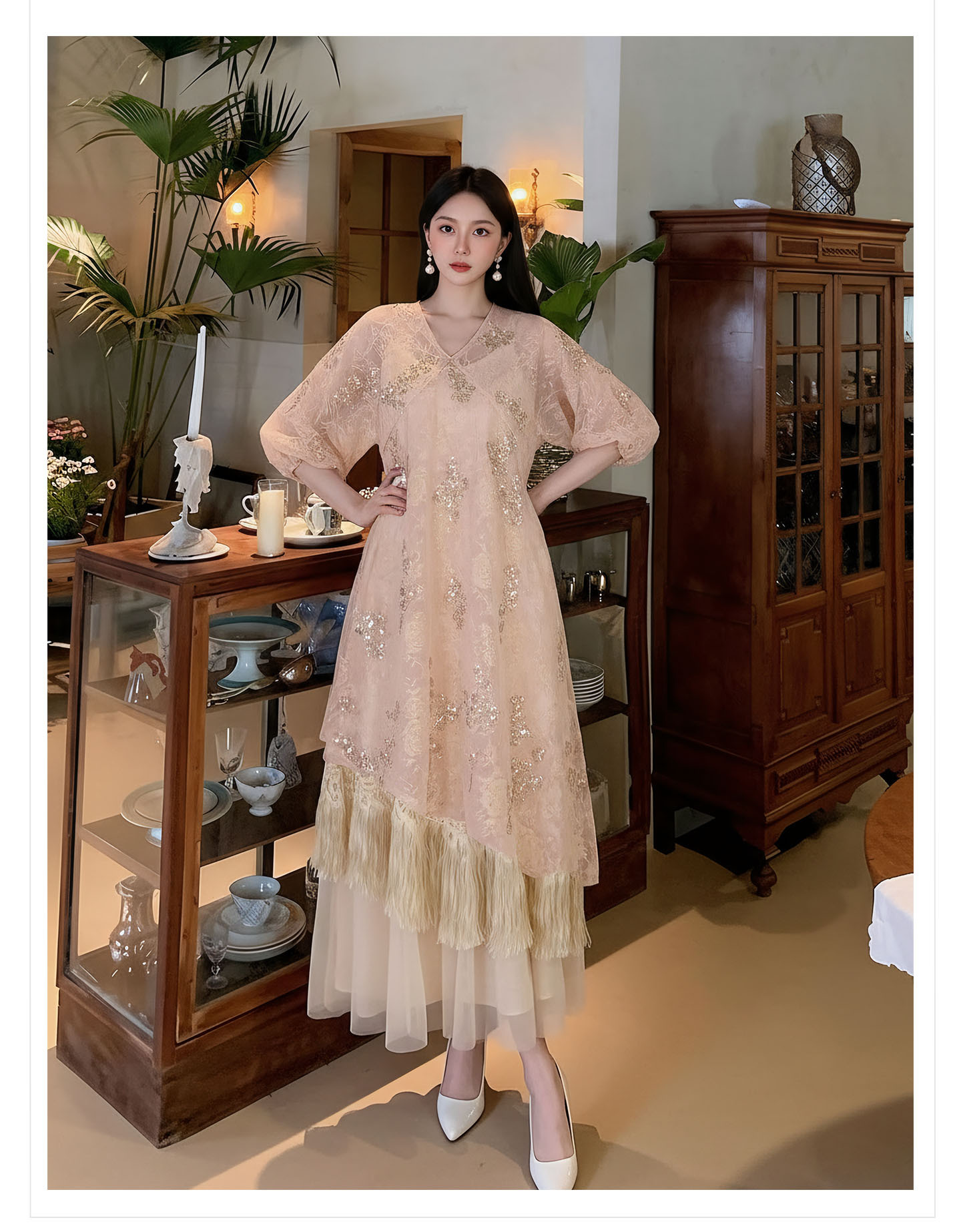 Đầm maxi nữ thắt eo họa tiết hoa thêu phong cách tân cổ điển hai dây — màu hồng chi tiết 14