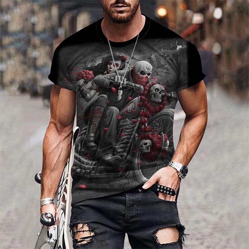 Aliexpress Summer Skull Motorcycle Personalized 3D Digital Print Men's Casual Outdoor Sports Round Neck T-Shirt