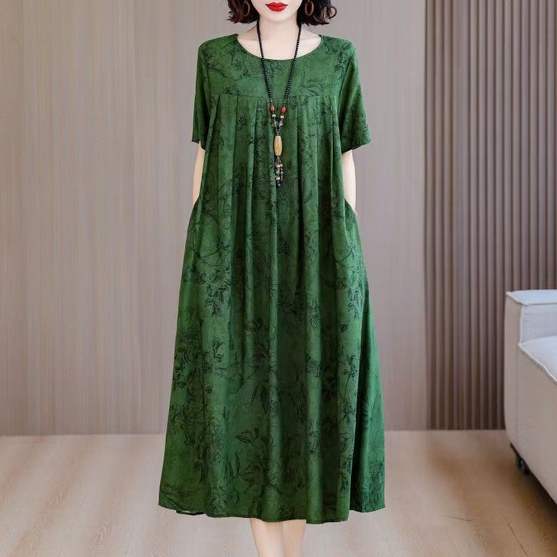 Summer New Cotton Silk Dress Mid-Length Young Middle-Aged Mother's Wear Artificial Cotton Silk Skirt Large Size Fashionable