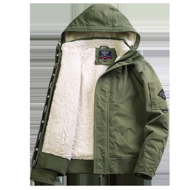 Warm Cotton-Padded Jacket for Men in Autumn and Winter, Youth Casual Jacket with Fleece, Thickened Hooded Bubble Fleece Workwear Jacket 1897
