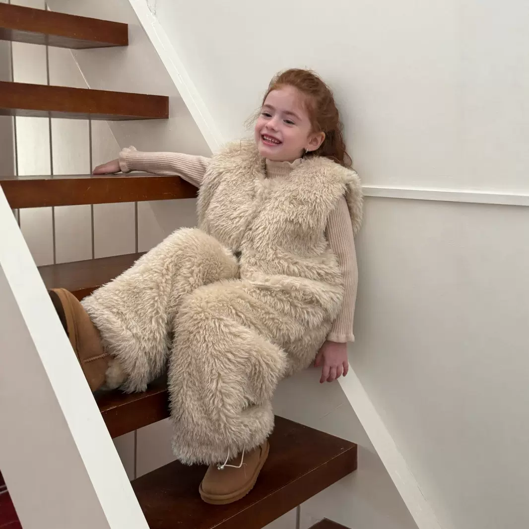 橙乐25冬季儿童皮草外套加绒加厚男女童仿狐狸毛马甲裤子两件套