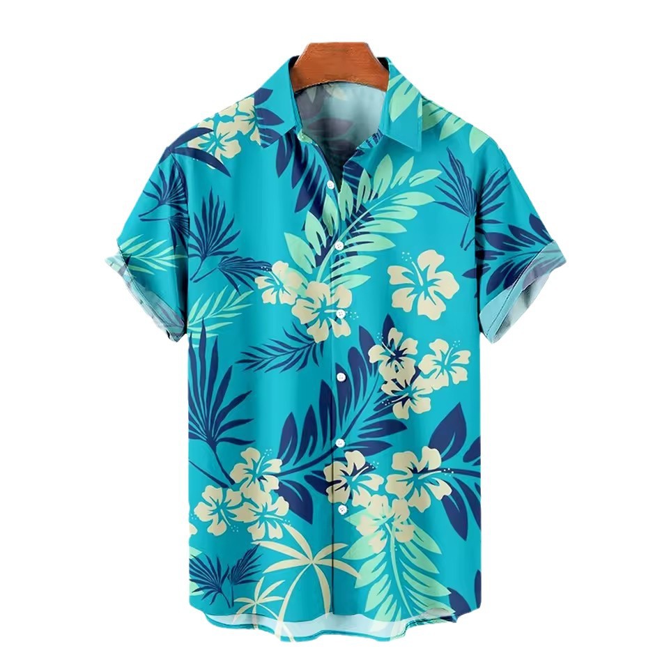 Camisa hawaiana de un solo pecho suelta de manga corta de verano para hombre simple y fresca playa de vacaciones flores estampadas en 3D