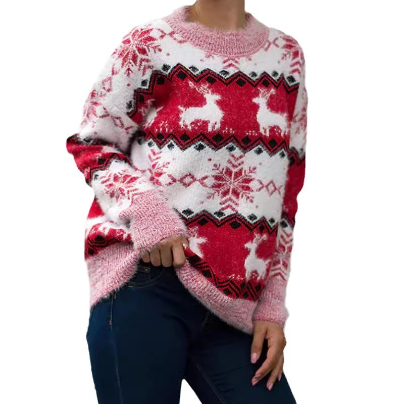 Pull de Noël douillet en maille jacquard à motif cerf, coupe ample, col rond, style décontracté, en fil doux._voghion.com