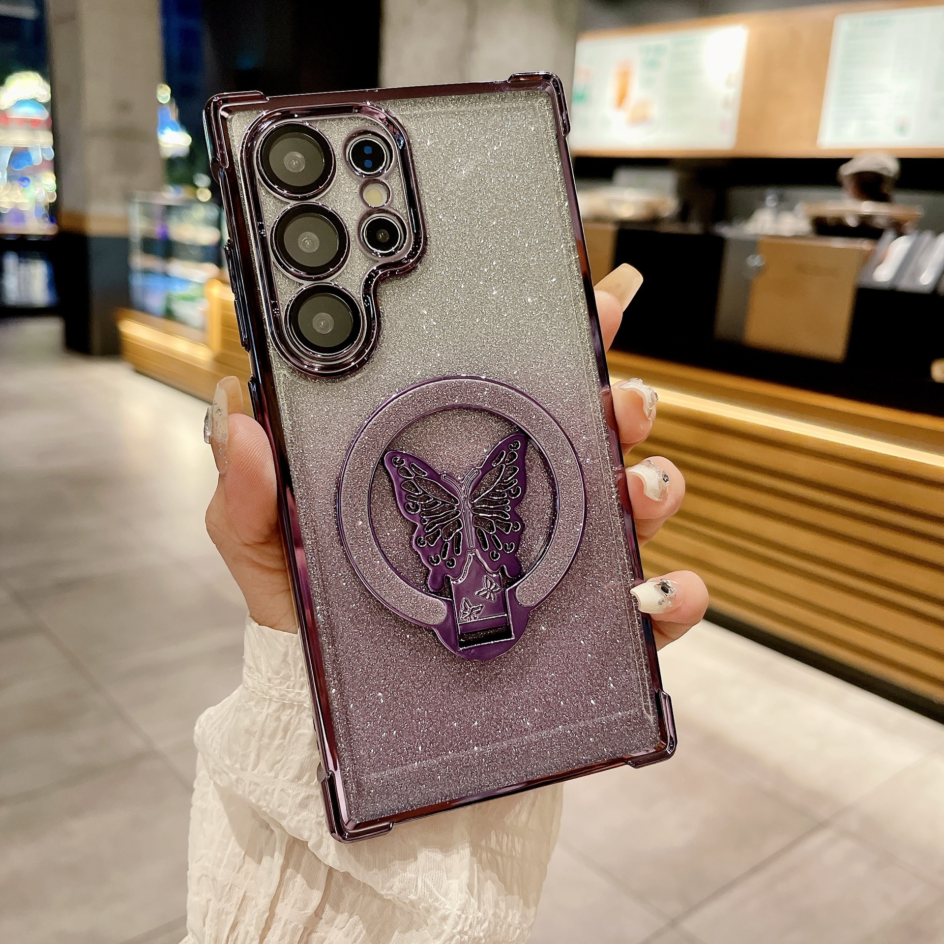 Funda Magnética con Soporte para Teléfono Samsung S25U con Diseño de Mariposa Brillante, Apta para S26P, con Airbag en las Cuatro Esquinas, Antigolpes, Protectora A07