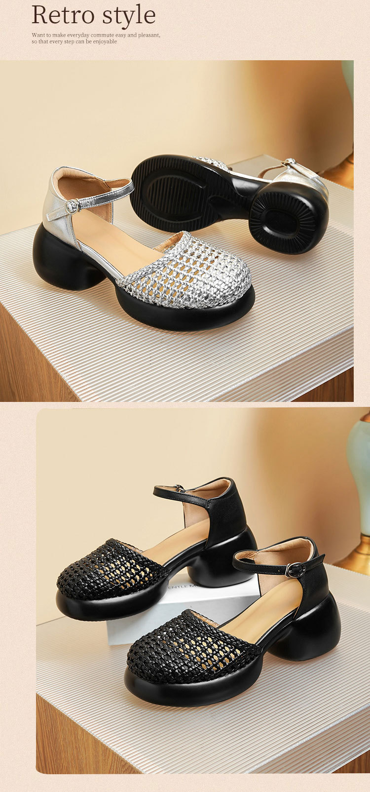 Sandal quai ngang cao gót nữ mũi bao dệt da thật, gót thô đế dày — Màu đen chi tiết 14