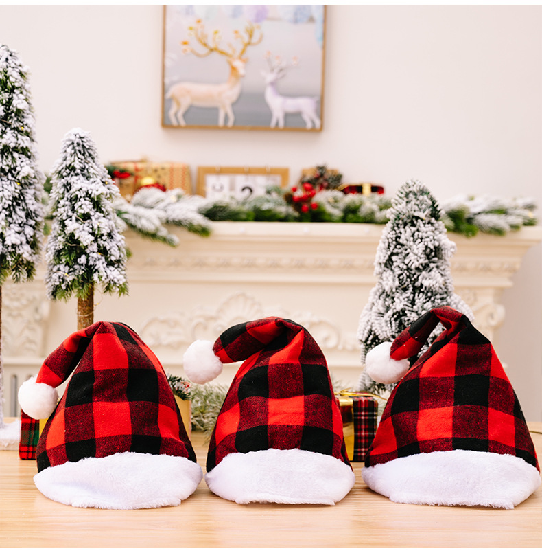 Christmas New Christmas Decoration Plush Edge Plaid Christmas Hat High-end Children's Red and Black Hat Adult Hat_voghion.com