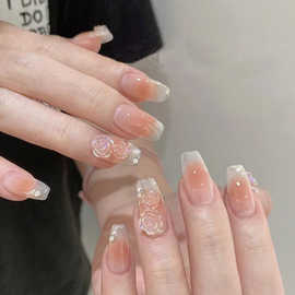 2022新款网红款纯手工穿戴甲金边山茶长款指甲贴片显白A096