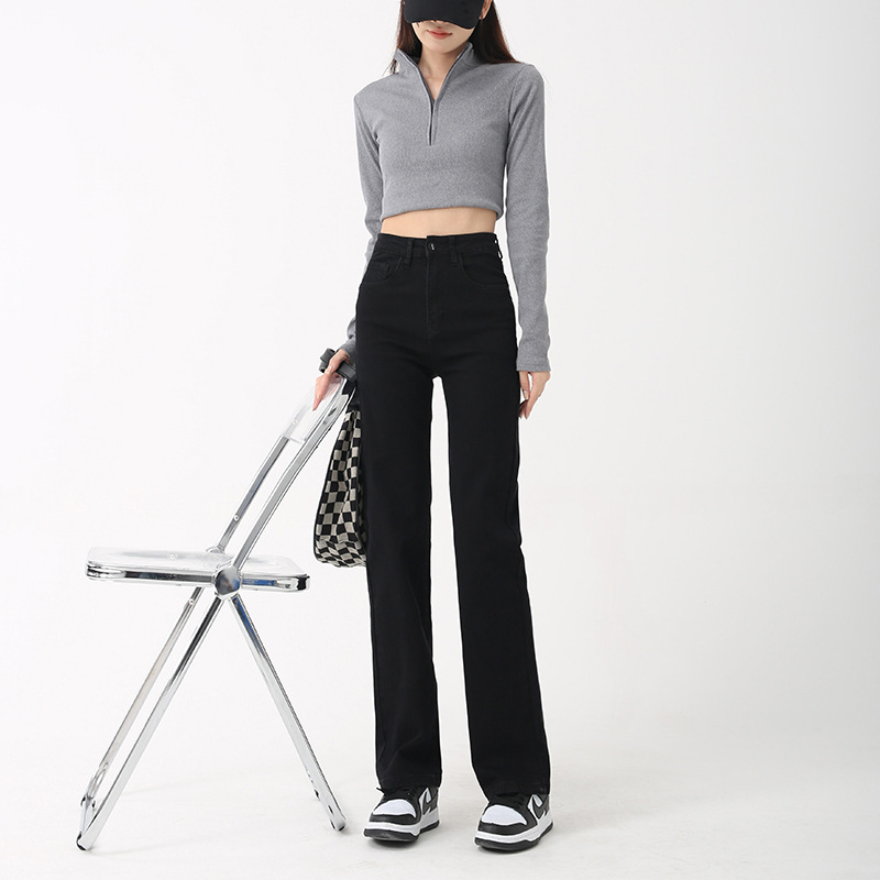 Black plus velvet jeans female 2022 autumn high-waisted straight trousers niche slim slim everything with a piece of hair replacement