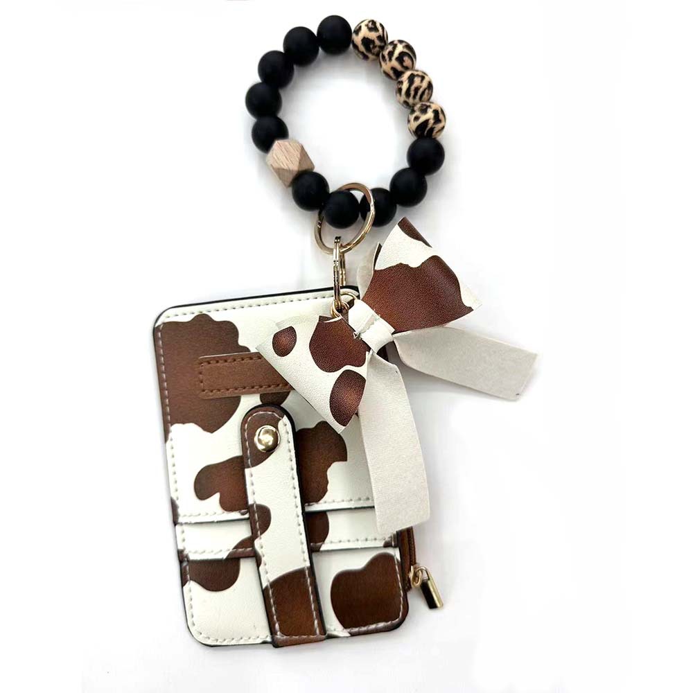 Cow Pattern Pattern Modern Style Cow Pattern Pu Leather Silica Gel Beaded Unisex Keychain