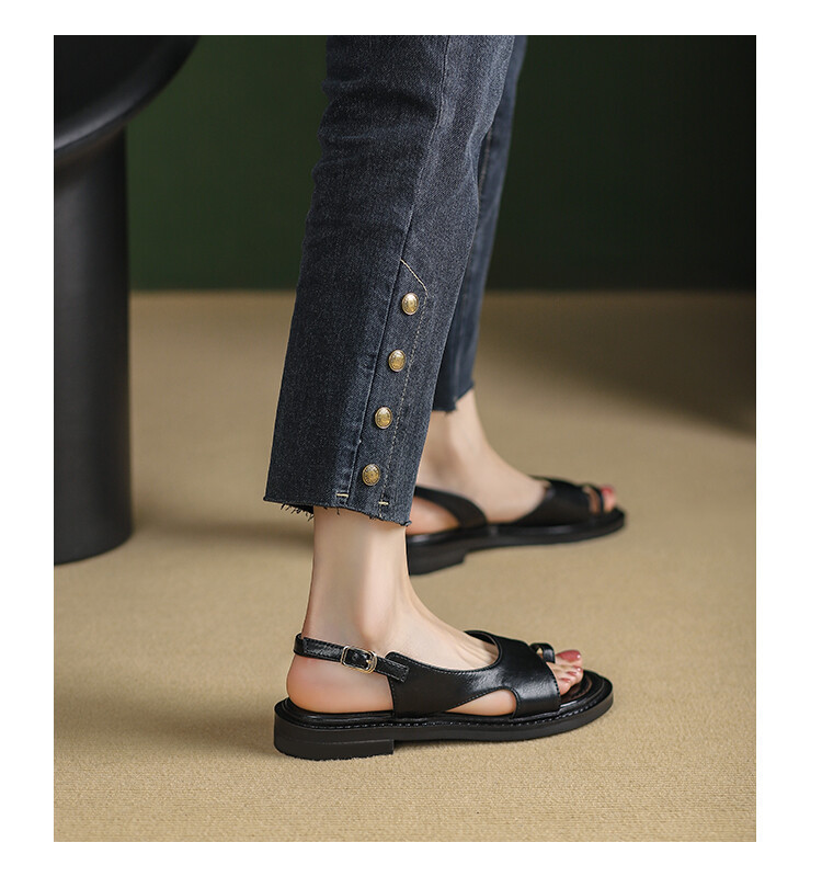 Sandal nữ xỏ ngón đế bệt da thật phong cách La Mã hở mũi quai hậu — Màu nâu, Màu đen, Màu trắng be chi tiết 42