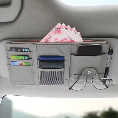 Car sun visor storage bag, multifunctional car glasses holder, card and ticket holder, stylish and luxurious leather storage bag (Multimediya və saxlama aksesuarları) - upgraded-version-leather-with-zipper-gray-clearance-discount