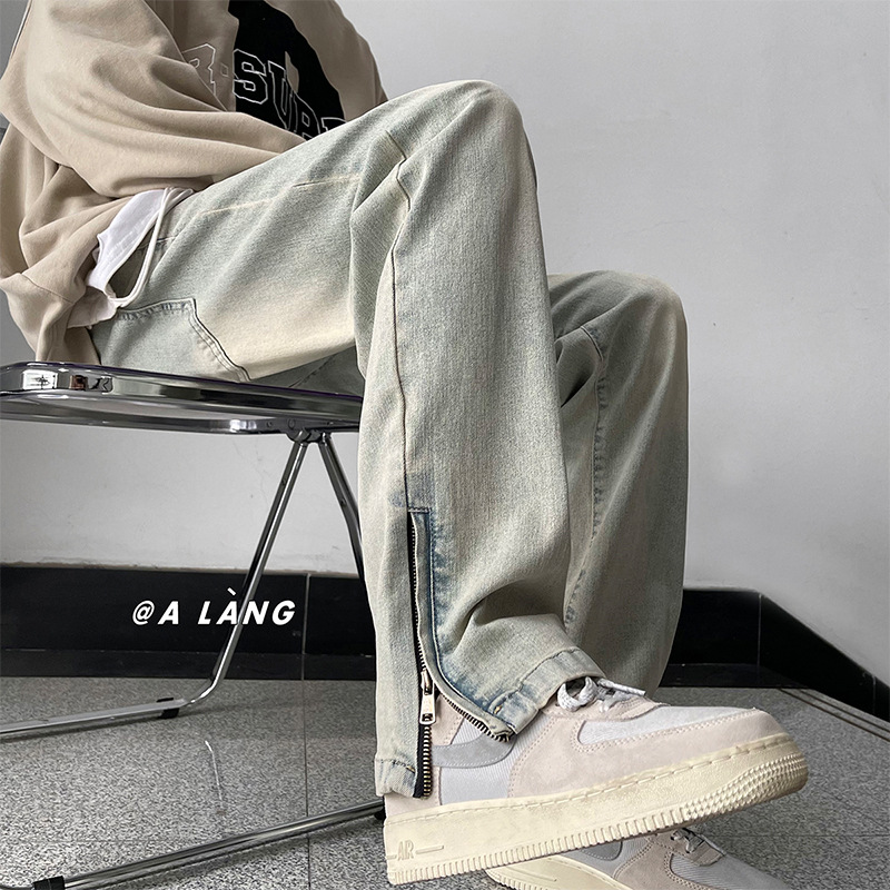 American High Street Vibe vintage jeans hombres lavado viejo amarillo barro teñido cremallera split pantalones largos rectos
