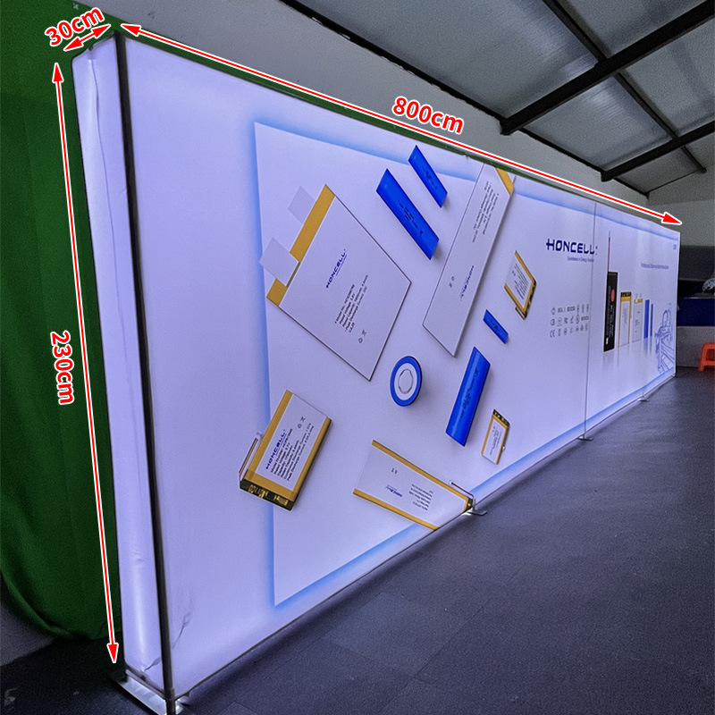 Espectáculo de pantalla rápida, caja de luz, estante de exhibición de red de tracción, diseño de exhibición de pared de fondo luminoso plegable LED de doble cara, construcción de exhibición
