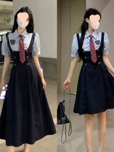 大码胖mm假两件连衣裙女夏季新款学院风短袖收腰显瘦气质a字裙子