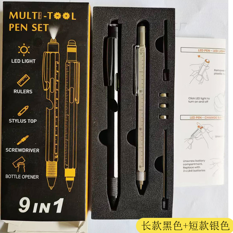 Estuche para bolígrafos con abridor de botellas 9 en 1, bolígrafo con luz LED, herramienta multifuncional, bolígrafo de metal 6 en 1, bolígrafo de regalo