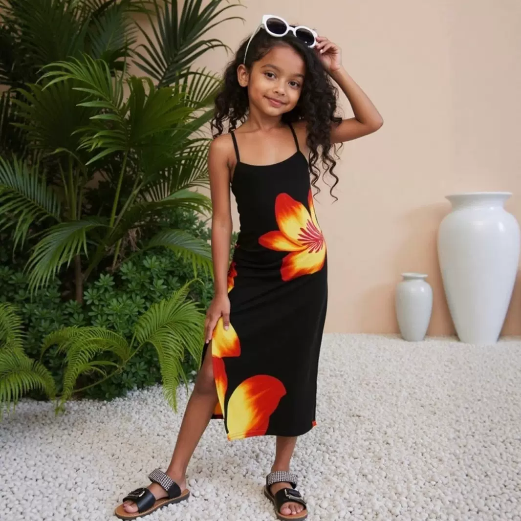 外贸童装花卉印花适合夏季度假派对户外穿着休闲连衣裙