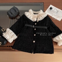 2025冬季新款韩版女童黑色收腰长款外套女孩可爱优雅长裙68230