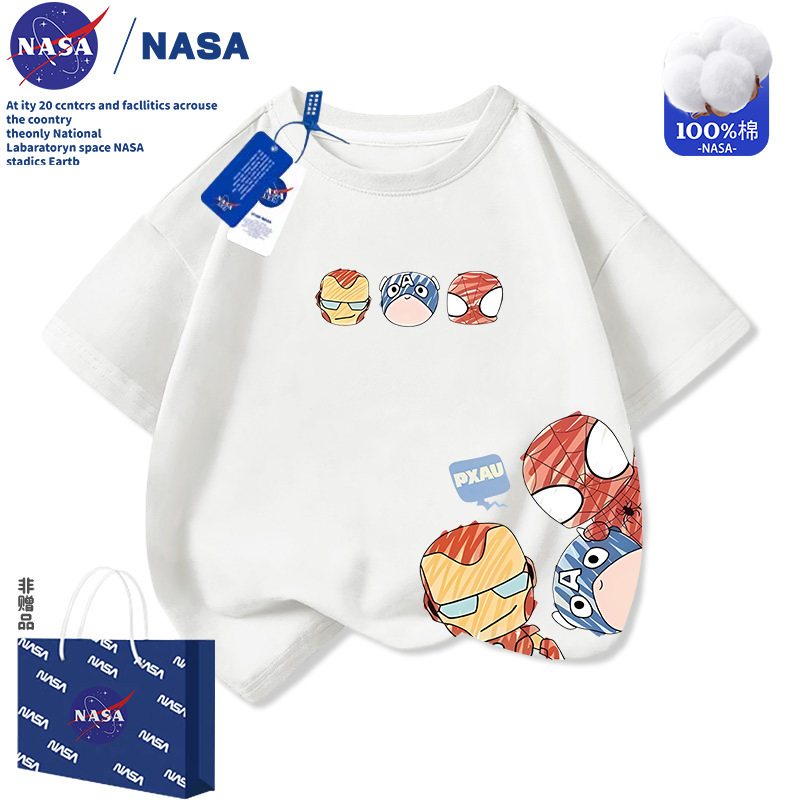 Nasa Iron Man Spider-Man Cartoon Children's Clothing for Boys and Girls Summer Pure Cotton Round Neck Short-Sleeved T-Shirt for Older Children