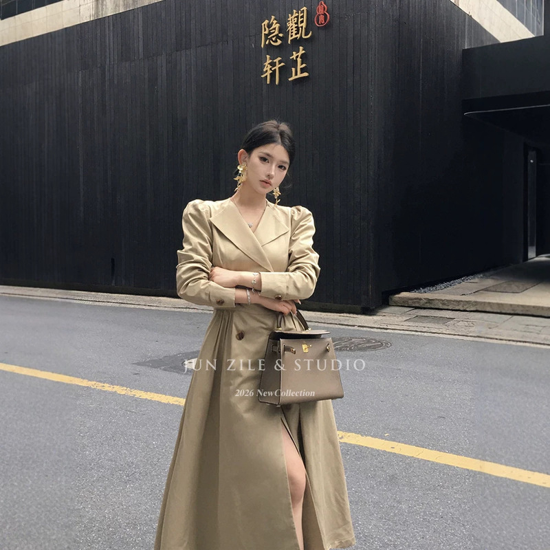 Mid-length French retro waist-cinching slimming puff-sleeve coat, long-sleeved blazer, trench coat dress for women Mid-length French retro waist-cinching slimming puff-sleeve coat, long-sleeved blazer, trench coat dress for women