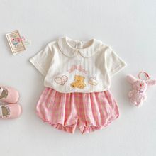 女童小熊娃娃衫2025新款夏季宝宝娃娃领卡通T恤儿童韩版格子短裤