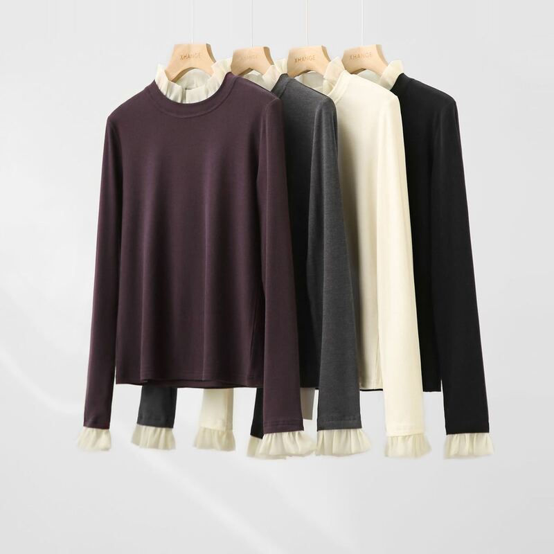 Magic Ruffle Edge Brushed Fleece Semi-High Collar Wool Blend Base Layer Top Versatile and Stylish Magic Ruffle Edge Brushed Fleece Semi-High Collar Wool Blend Base Layer Top Versatile and Stylish