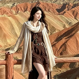 复古松弛感森系拼色围巾 自然褶皱轻薄透气高级感丝巾 出游百搭