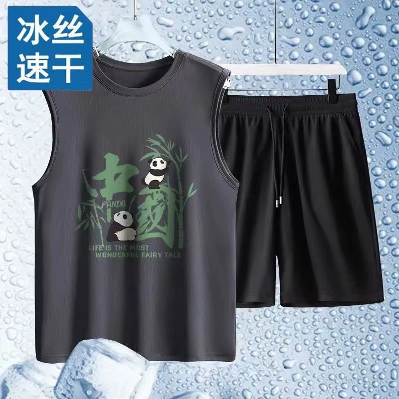 Ледяной шелковый набор шорты футболка буква летняя тенденция повседневная мужская индивидуальность спортивный короткий рукав большой размер модный набор