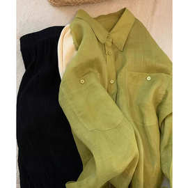 天丝亚麻芥末绿衬衫女薄款长袖2024年新款法式设计感小众防晒衬衣
