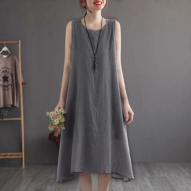 Cotton and Linen Sleeveless Dress for Women, Summer 2026, Mid-Length, Loose Fit, Slimming, Tummy-Concealing Tank Dress Cotton and Linen Sleeveless Dress for Women, Summer 2026, Mid-Length, Loose Fit, Slimming, Tummy-Concealing Tank Dress