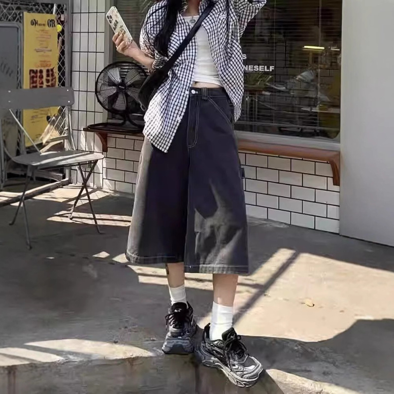 Summer New American Style Retro Wide Leg Denim Shorts Women's chubby girl High Waist Loose All-match Slimming Straight Pants