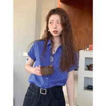 蓝色格子短袖衬衫女夏季复古宽松小众防晒衬衣气质休闲学院风上衣