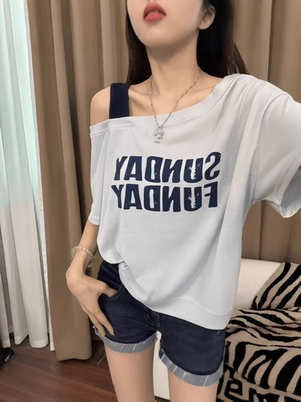 2025夏 オフショルダーサスペンダー コントラストレターカジュアルプリント半袖Tシャツ おしゃれ ゆったり 着痩せ 万能韓国版|undefined