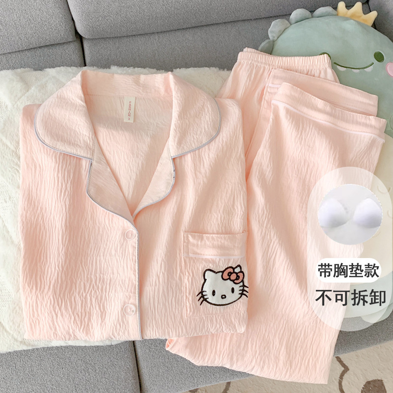 带胸垫波点腊肠狗云朵纯棉纱睡衣女款春秋夏季长袖套装卡通家居服|undefined
