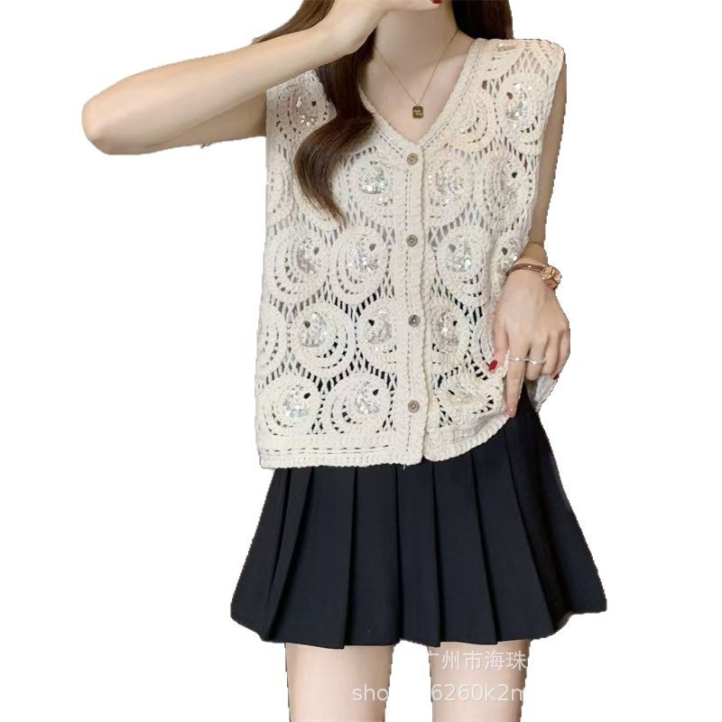 Top femenino primavera, chaleco con lentejuelas y cadenas huecas, cuello en V, estilo dulce y picante, diseño suelto