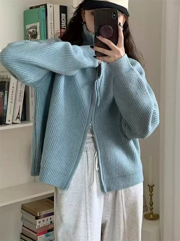 双拉链毛衣外套秋冬新款韩系女上衣慵懒风宽松设计感针织开衫气质|undefined