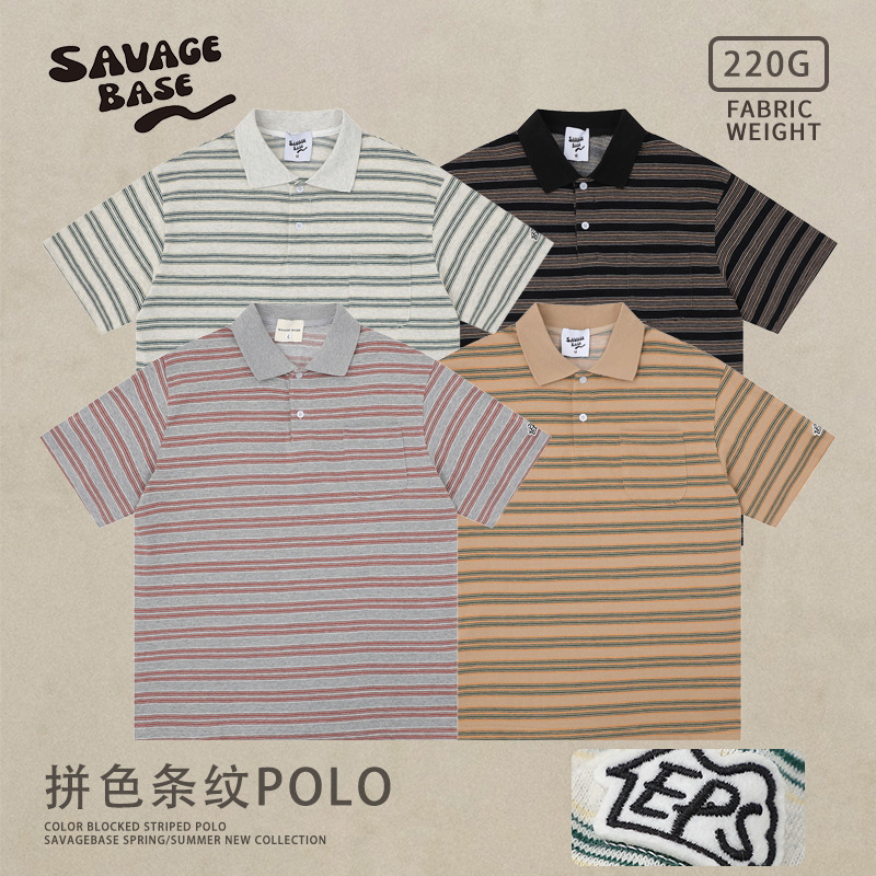 Savagebase American Casual Color-Block Striped Polo Shirt Summer Simple Versatile Embroidered Logo Short-Sleeve T-Shirt Unisex Savagebase American Casual Color-Block Striped Polo Shirt Summer Simple Versatile Embroidered Logo Short-Sleeve T-Shirt Unisex
