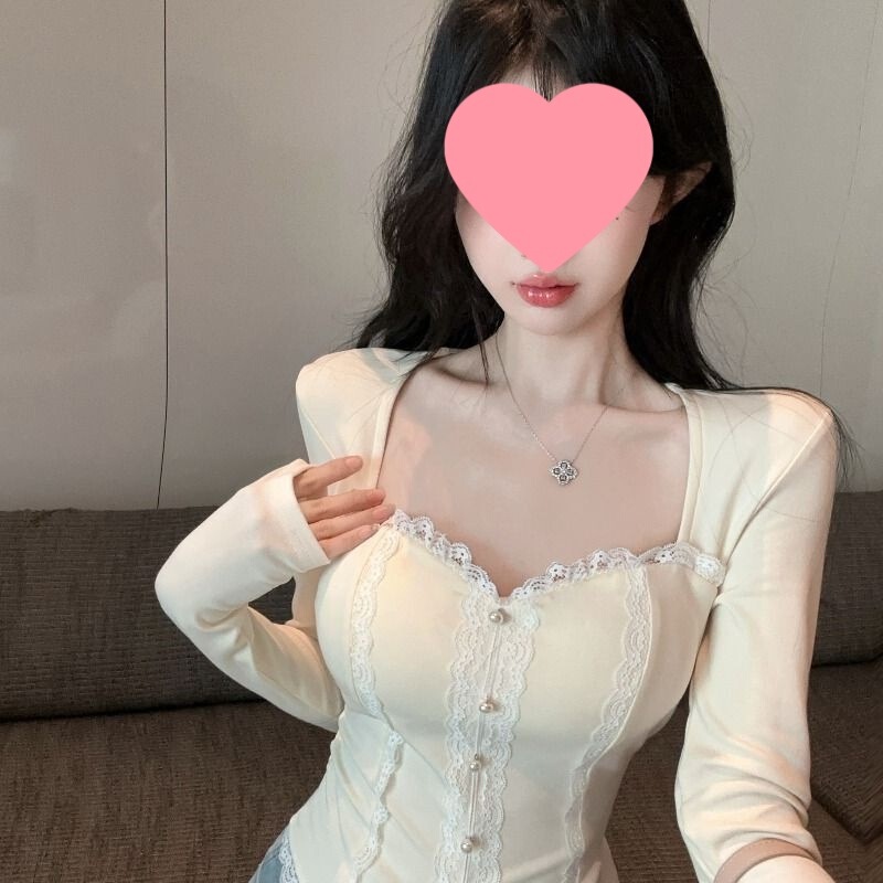 Pure Desire Hot Girl Square Neck Fishbone Top Women's Autumn and Winter Small Fragrance Style Lace Bottoming Shirt with Breast Pad for Christmas Pure Desire Hot Girl Square Neck Fishbone Top Women's Autumn and Winter Small Fragrance Style Lace Bottoming Shirt with Breast Pad for Christmas