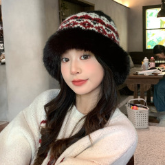 冬天帽子女拼色花纹针织帽 日系大头围 护耳盆帽加绒保暖渔夫帽潮