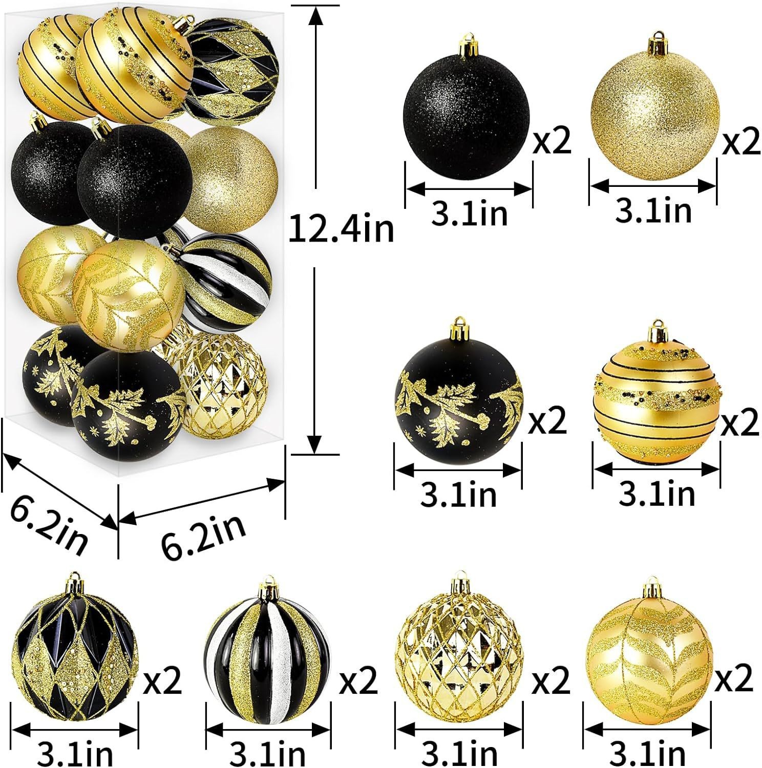 Bola de Navidad Juego de 6cm 16 Bola de Navidad de plástico galvanizado pintado en oro negro