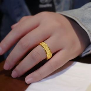 999 Pure Gold Plain Ring Men's Fashion Trendy Open Ring Domineering Wide Frosted Gold Ring for Boyfriend