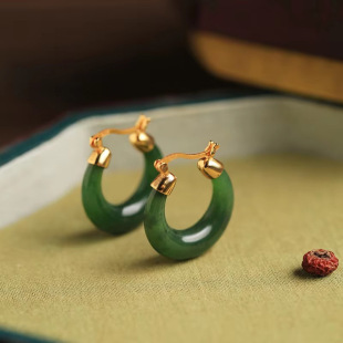 Natural chalcedony imitation Hetian jade gold-plated earrings for women Chinese style national style jasper green retro jade earrings earrings