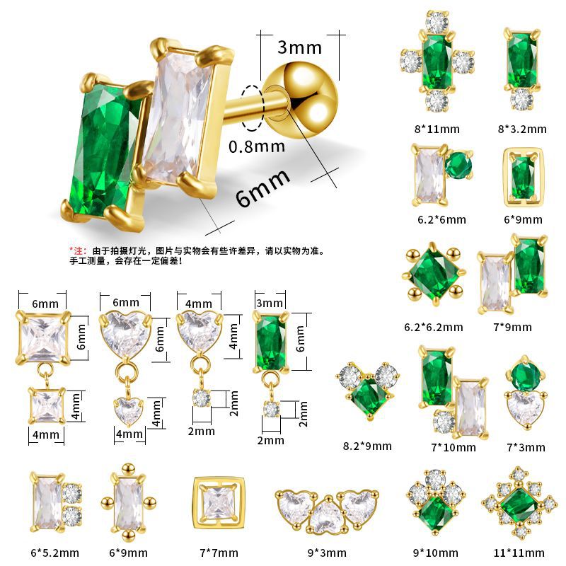 2022 New Emerald Diamond CZ Stainless Steel Earrings Fashion Ear Studs for Women Ear Bone Nail Titanium Steel Ear Pin detail image 19