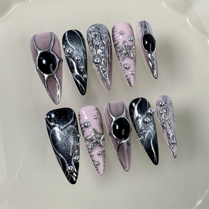 Dyed armor European and American long pointed nail art metal hand-painted ins relief sweet cool hot girl cat eye wear armor pure hand wholesale