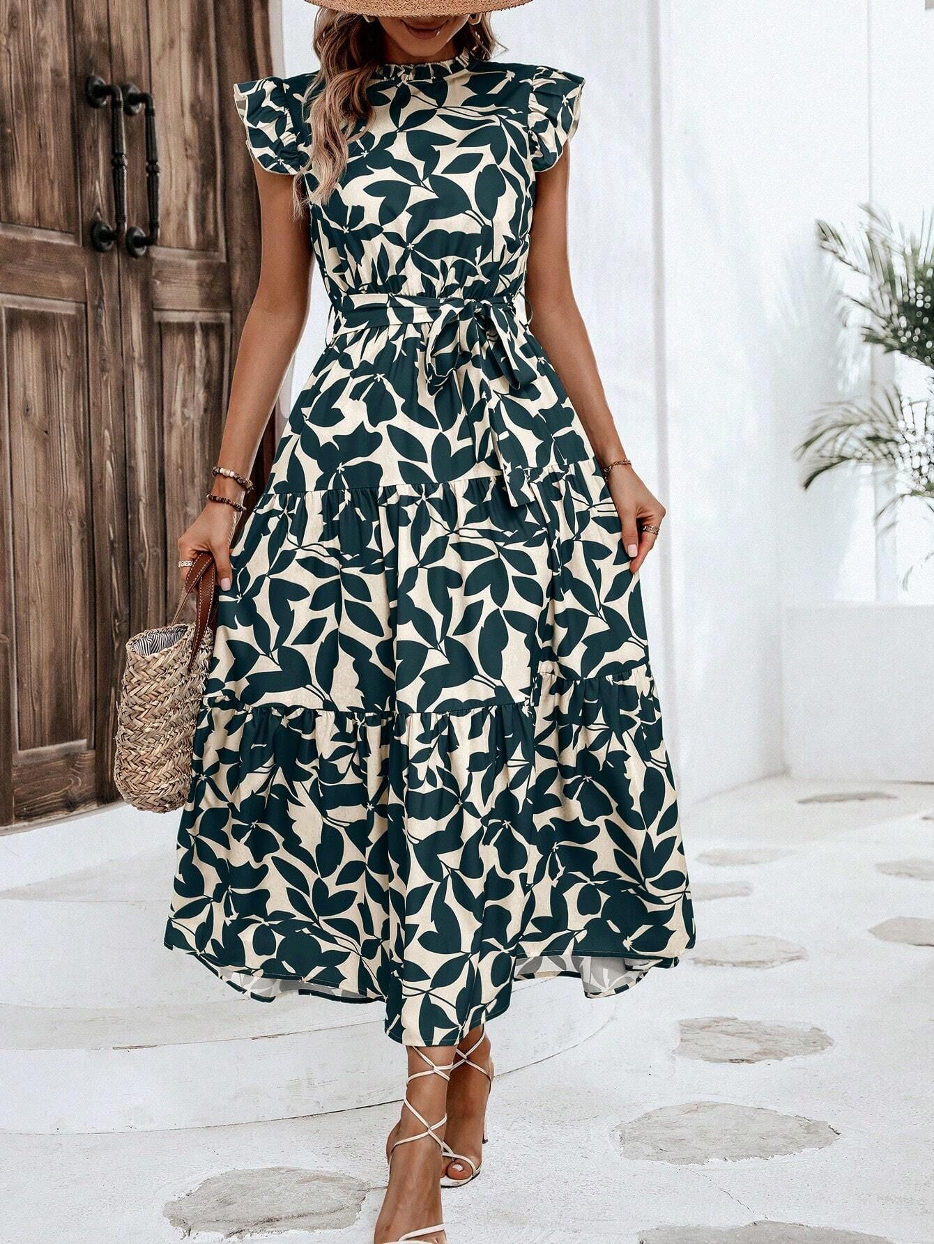 350g Weight Midi Dress Dress Length Type Sleeveless Sleeve Length Swing Dress Dresses Type Flounce Sleeve Sleeve Type Polyester Fabric Type High Waist Waist Line Holiday, Daily Occasion Standing Collar Neckline Slim Fit Type Leaf Pattern Summer Season Women's Gender Printing Design Elegant, Streetwear Style Wholesale Women's Elegant Streetwear Printing Leaf Holiday Daily Standing Collar Sleeveless Swing Dress 5