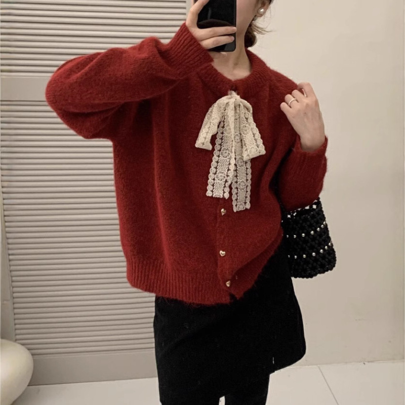 设计感蕾丝系带毛衣开衫女2025新款秋冬季慵懒风加厚软糯针织外套|undefined