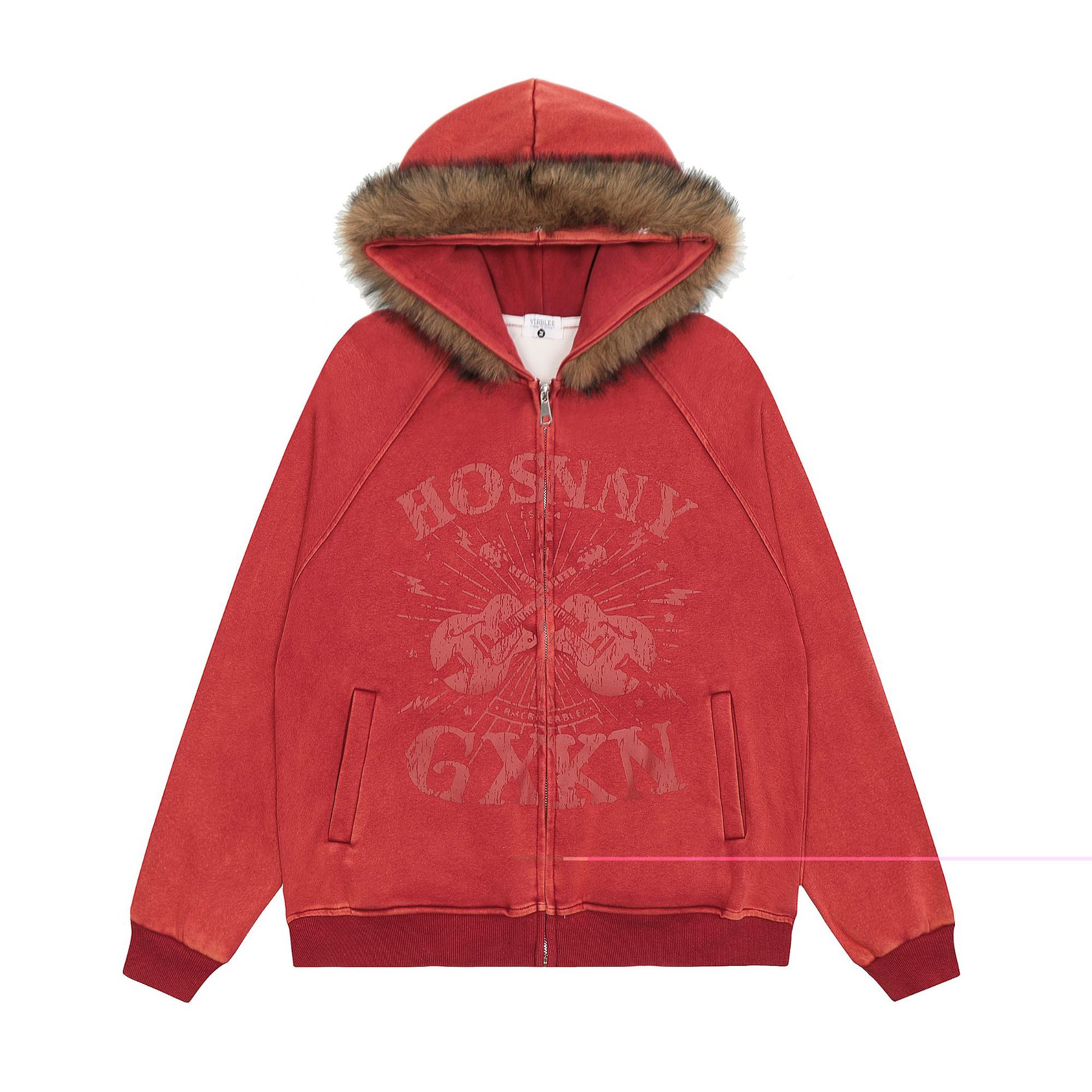 Unisex guitar graphic fur-trim zip-up hoodie detail 7
