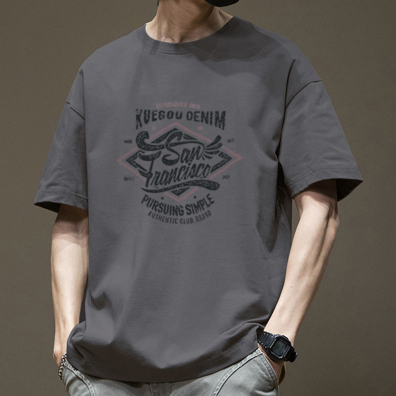 Camiseta de moda nacional blanca manga corta de los hombres media manga suelta impresa retro cuello redondo carta más tamaño americano pesado ins